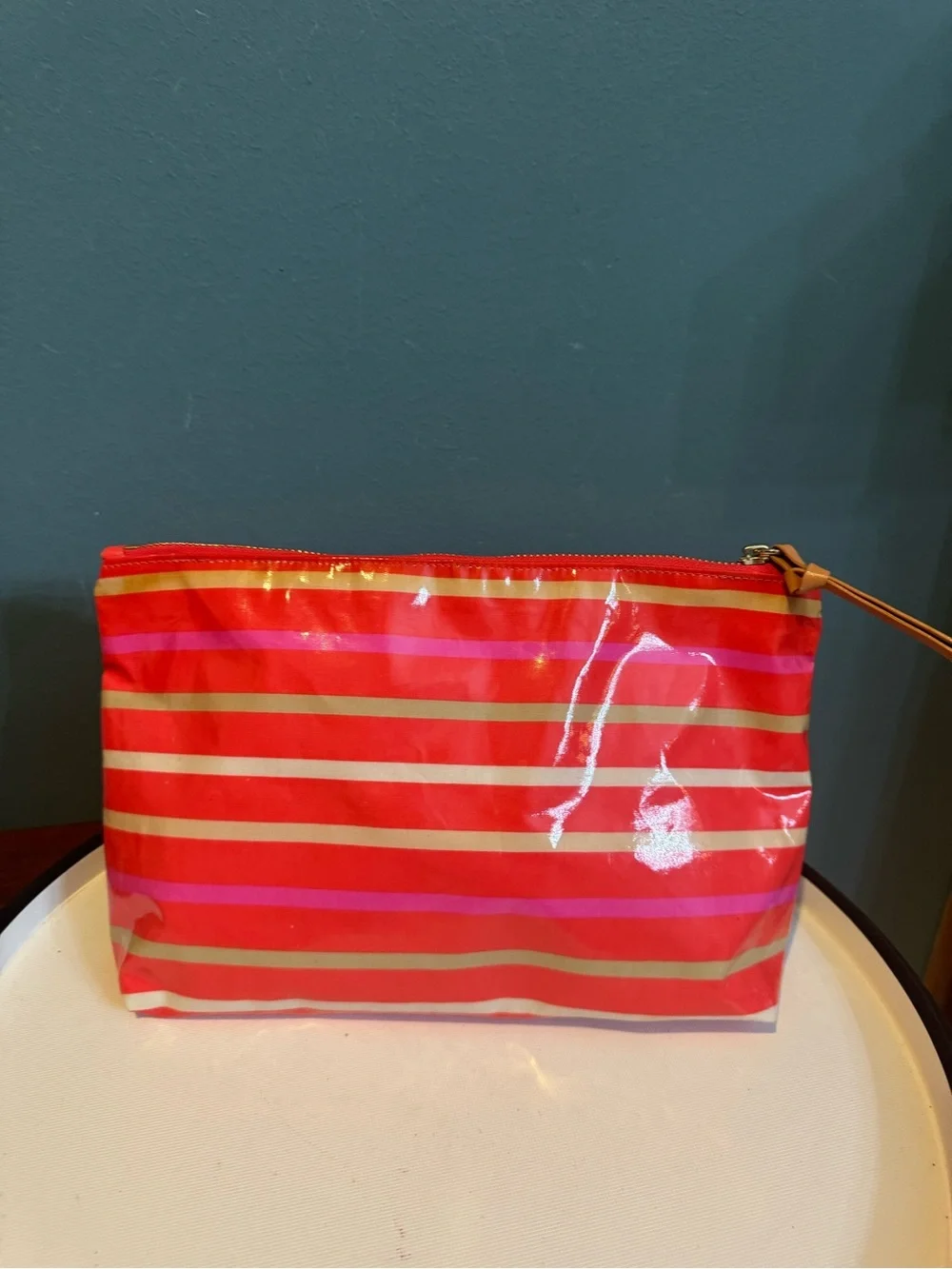 Tory Burch Striped Brigitte Cosmetic Case in Poppy Red